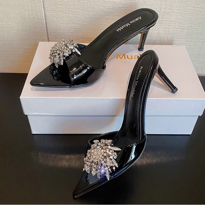 尖头水钻高跟鞋细跟一字带凉鞋女