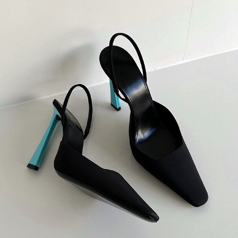 CAIsmaLL新款黑色包头浅口高跟鞋细跟一字带绸缎凉鞋性感单鞋女鞋