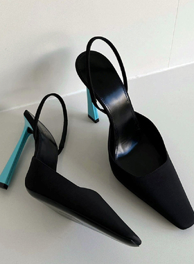 CAIsmaLL新款黑色包头浅口高跟鞋细跟一字带绸缎凉鞋性感单鞋女鞋