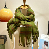 东大门25秋冬新款 韩系复古绿色格子流苏羊毛混纺双面围巾围脖披肩