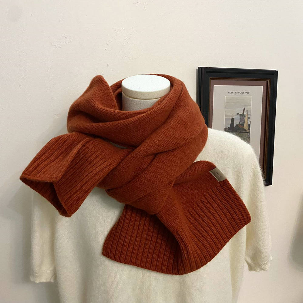 高品质韩代同款100%纯羊毛针织纯色竖纹拼接围巾百搭情侣款围脖