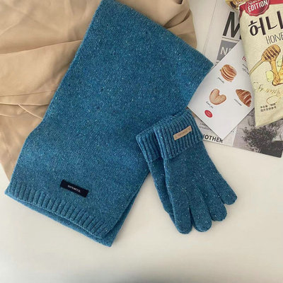 东大门代购100%澳洲羊毛蓝色杂色点点围巾手套两件套圣诞生日礼物