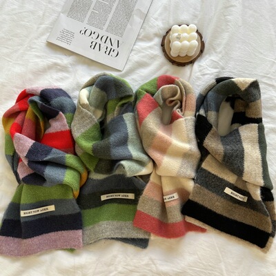 暖冬冰淇淋绿撞色条纹红黄蓝拼色围巾女冬季羊绒手感软糯小围脖