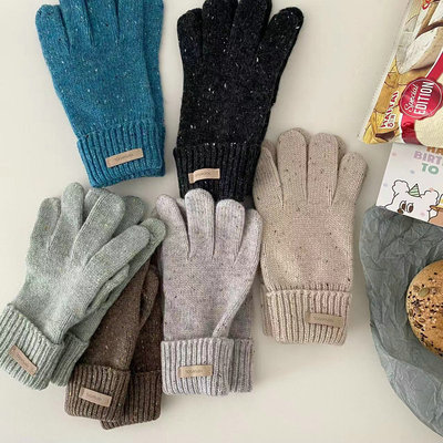 韩国东大门新款100%纯羊毛羊绒蓝色杂色点点分指露指触屏手套ins