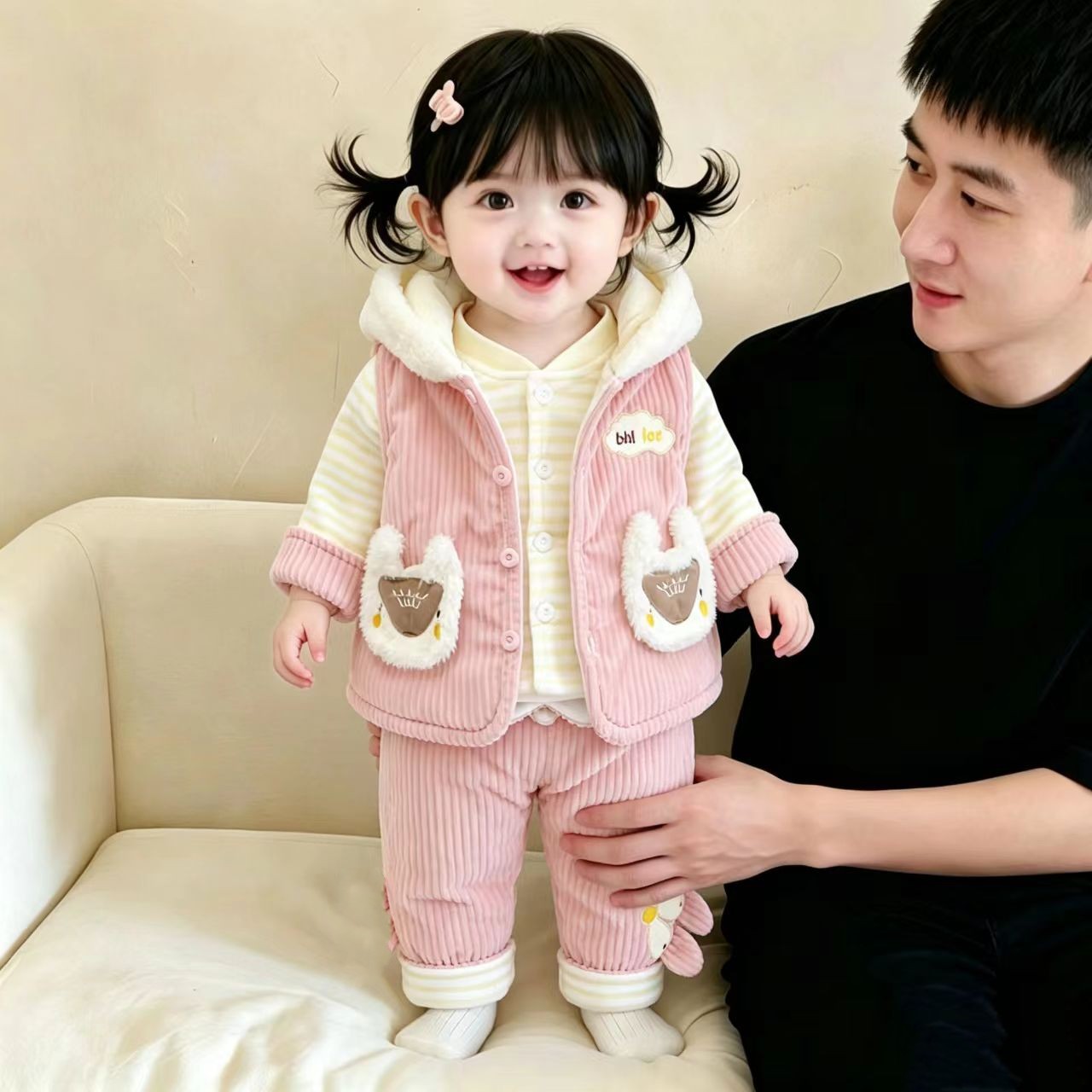 加夹棉衣服洋气0一1岁半女宝宝秋冬季分体薄冬款童婴儿装三件套装