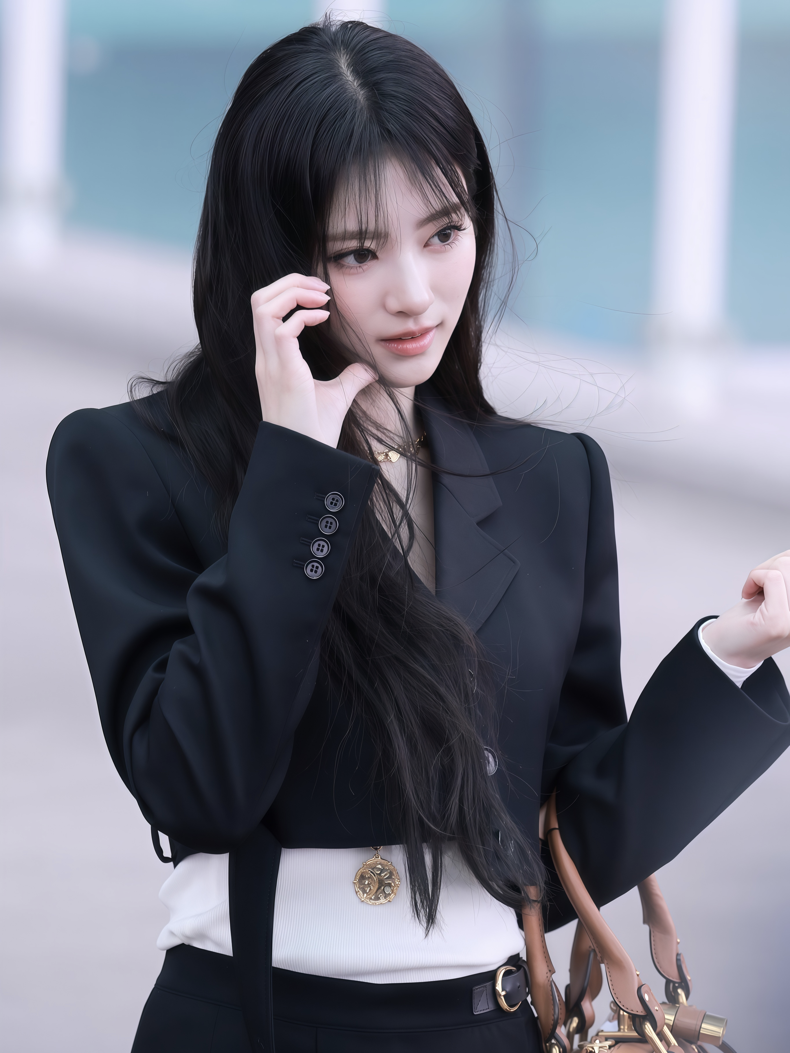 田中杏娜anna同款2026黑色短款夹克西装外套上衣皮扣中长裙百褶裙
