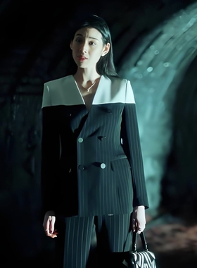 高定|明星同款韩剧StartUp裴秀智江汉娜条纹白色V领西装长裤套装