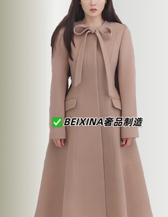 安娜裴秀智明星同款羊毛呢大衣女蝴蝶结系带收腰显瘦大摆裙子外套