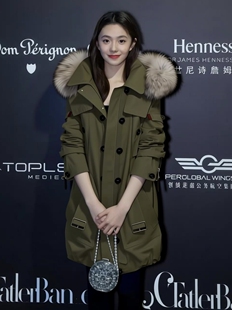 高定| 刘浩存同款派克服女新秋冬风衣真貉子毛领可拆卸外套连帽