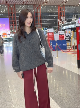 钟丽缇的女儿考拉cayla同款一整套穿搭灰色宽松毛衣针织衫女