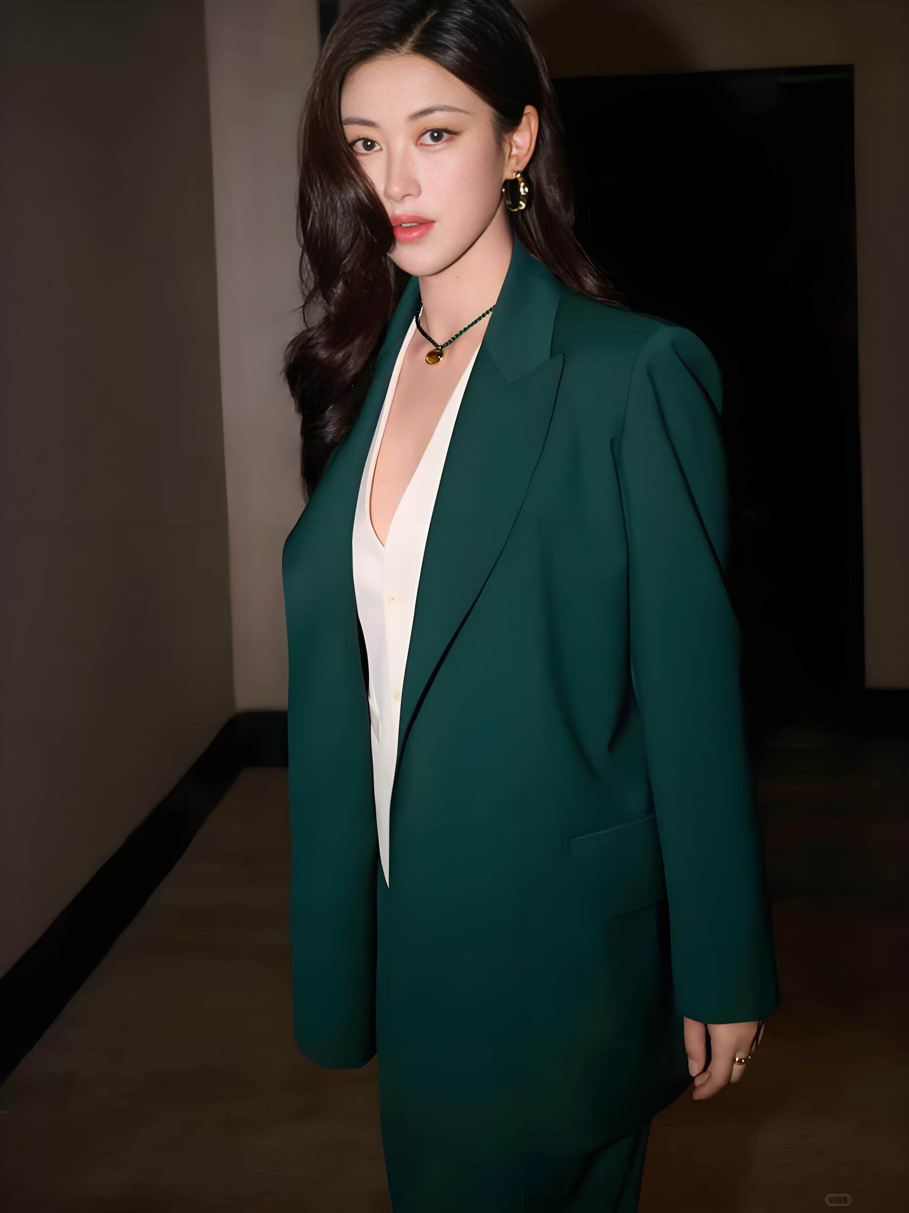 正品明星同款朱珠墨绿色西服套装女气质高级感超好看宽松西装外套