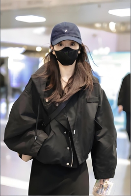 高定|明星宋茜同款黑色短款外套女宽松连帽工装夹克上衣2025春秋