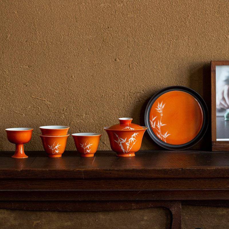 矾红手绘竹影功夫茶具盖碗单个家用陶瓷不烫手泡茶碗壶承品茗杯