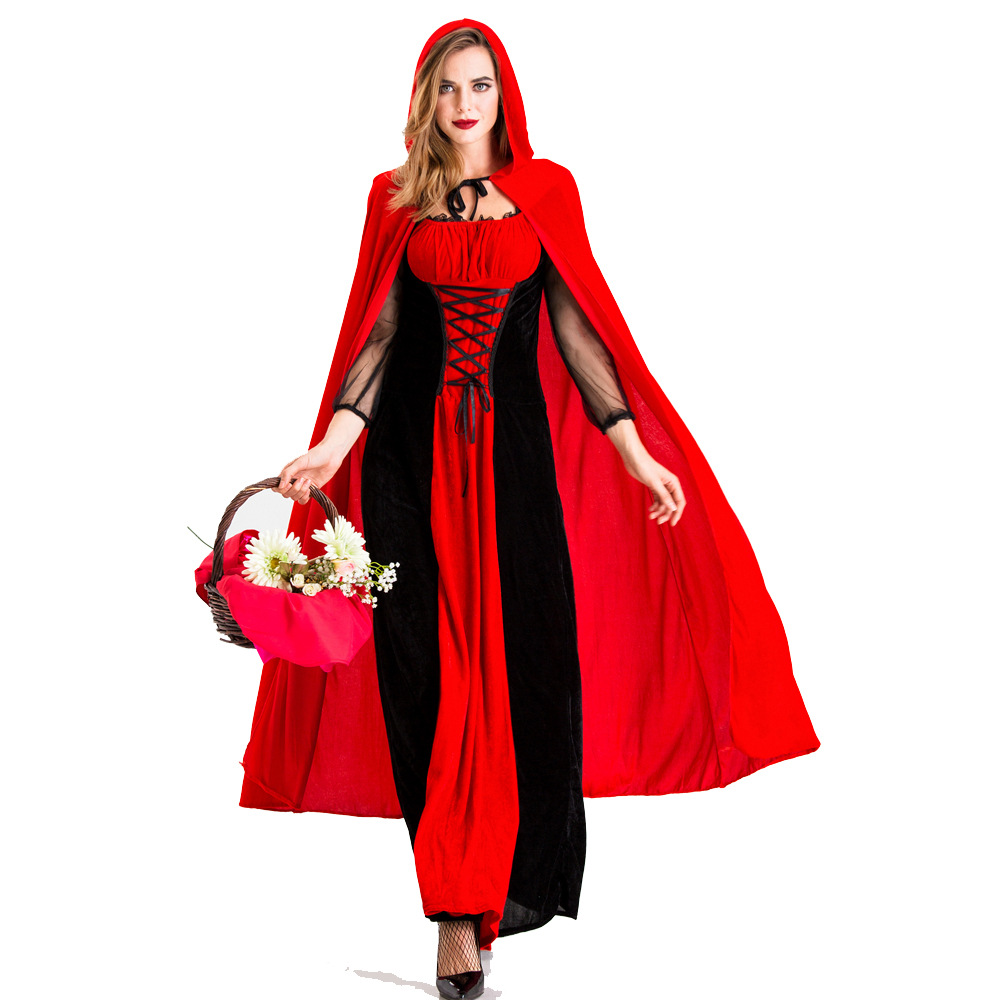 赤い帽子と赤い服のお城の女王様の服ハロウィンの吸血鬼の大人のコスプレ衣装