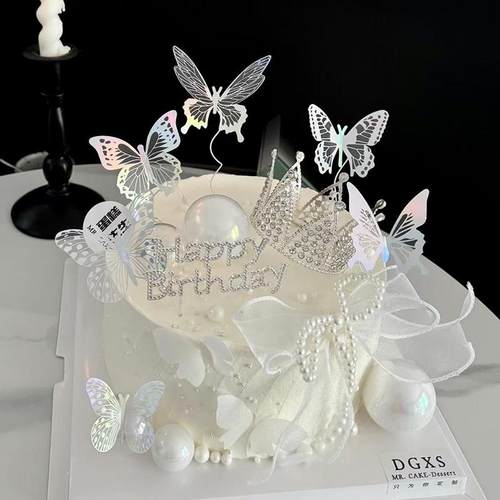 仙女蛋糕装饰珍珠蝴蝶结皇冠摆件钻石HB蝴蝶插件女神生日快乐装扮