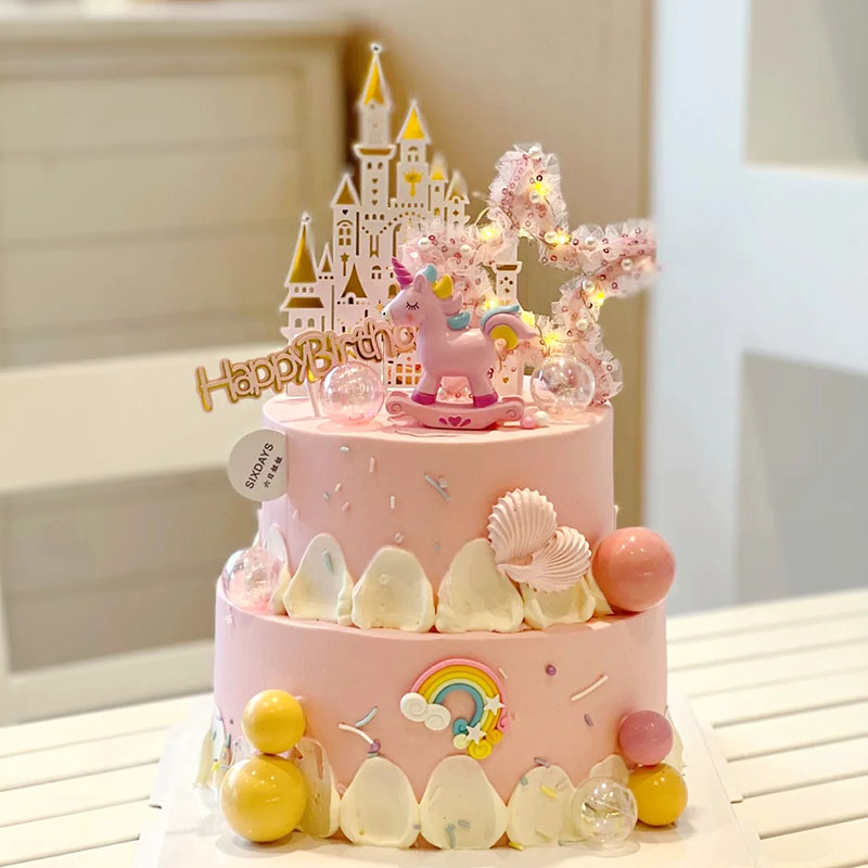 可爱独角兽女孩生日蛋糕装饰摆件