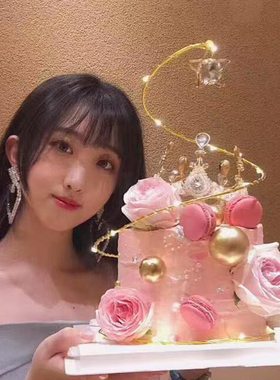 烘焙蛋糕装饰 网红金球圈圈树摆件梦幻钻石星星女神生日流行装扮