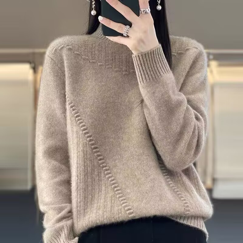 设计感半高领提花针织毛衣女秋冬新款宽松韩版洋气百搭打底衫上衣