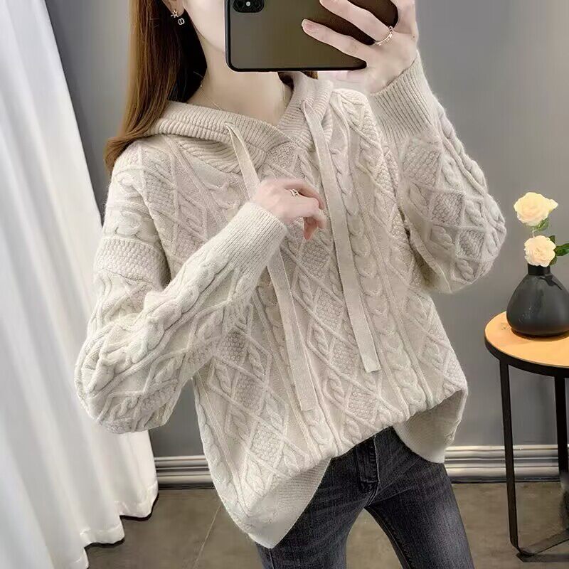 中长款连帽麻花针织毛衣女秋冬慵懒风宽松大码洋气百搭时尚打底衫