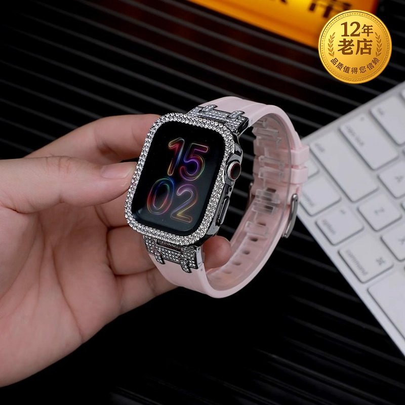 星图iwatch3456789se 49ultra1/2代10苹果手表带镶水钻金属接口软tpu硅胶带applewatch45mm潮男个性小众高级