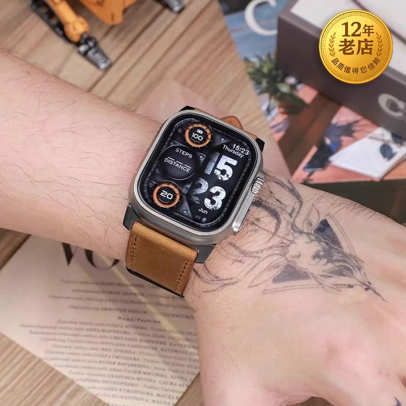 星图iwatch123456789se10s11加宽头层牛皮软真皮苹果手表带ultra49mm不锈钢金属45个性高级applewatch46潮