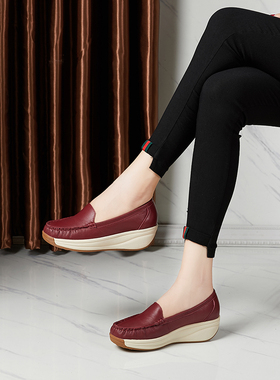厚软底女鞋中年妈妈鞋坡跟舒适休闲单鞋厚底软皮软面真皮羊皮皮鞋