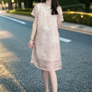 2026新款圆领原创印花新中式斜襟春夏季苎麻改良旗袍