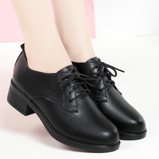 小皮鞋女2023春秋款新款真皮软底中跟系带中年女鞋百搭黑色工作鞋