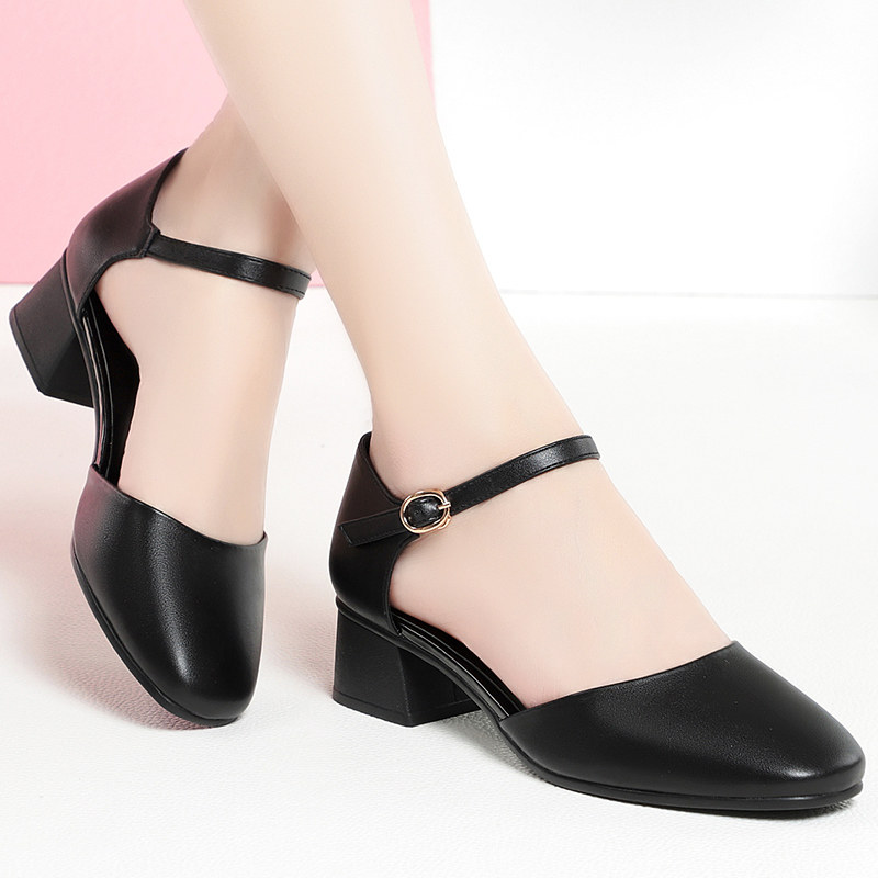 妈妈凉鞋女夏中跟粗跟方头中年百搭配裙子的鞋子软底舒适真皮单鞋,女鞋,时装凉鞋,淘宝优惠券,粉丝福利购,淘宝优惠卷