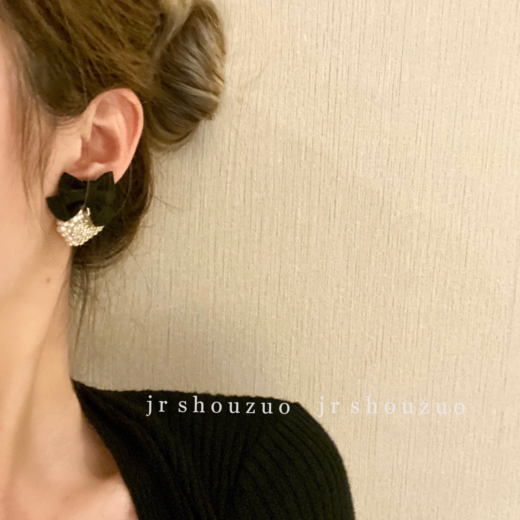 JR 甜甜的 法式复古少女珍珠水钻爱心日韩布艺蝴蝶结耳环气质银针