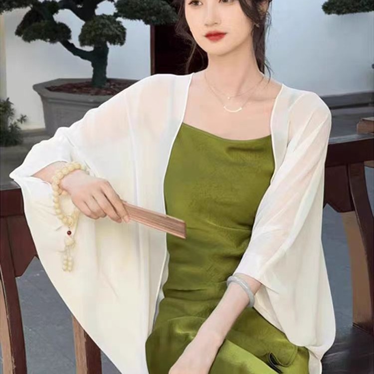 谜粉女装雪纺冰丝开衫外套蕾丝衫洋气披肩女士连衣裙纯色显瘦上衣