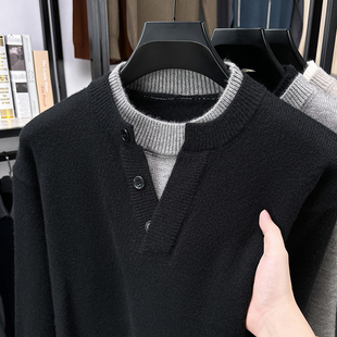 宏嫩男装跨年穿搭假两件男士加厚针织毛衣衫双领打底上衣高端进口