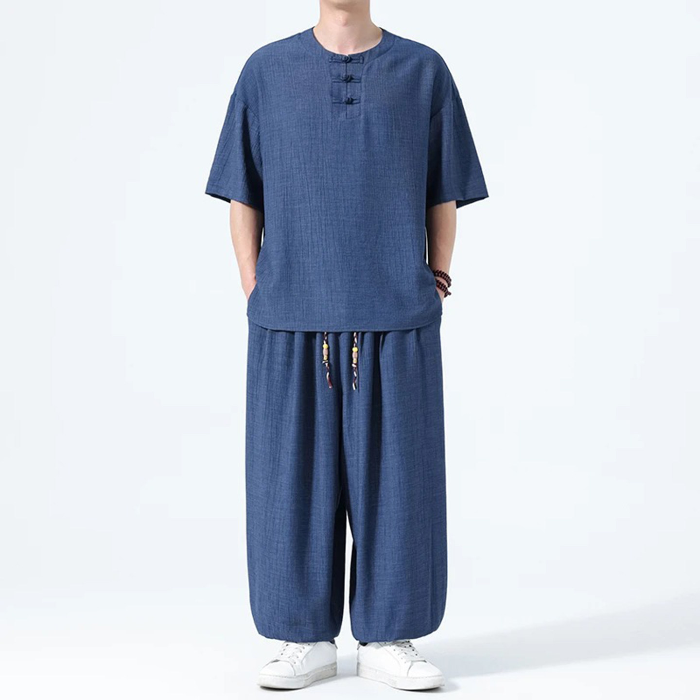 玟若服饰休闲套装中国风复古唐装中式冰两件套夏季盘扣半袖居士服