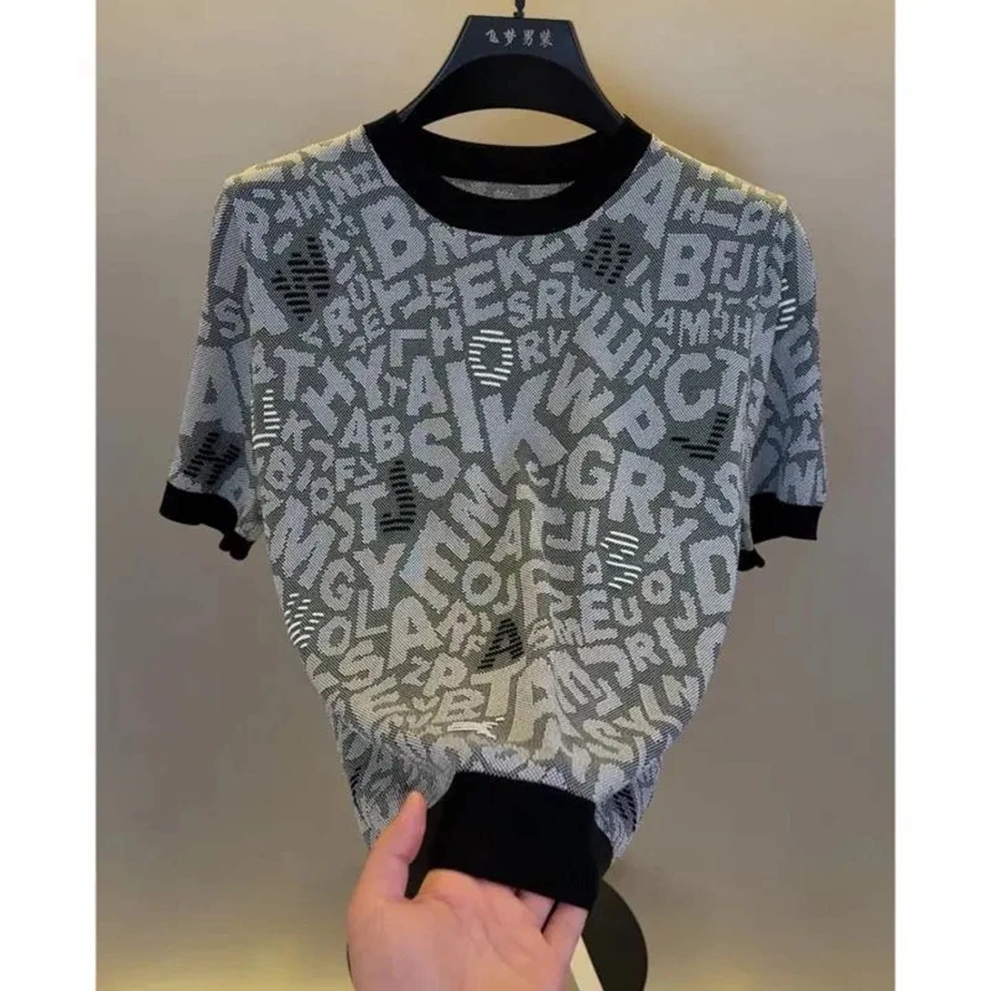 宏嫩商务休闲男装专柜品质透气半袖圆领提花冰丝短袖夏季男士T恤