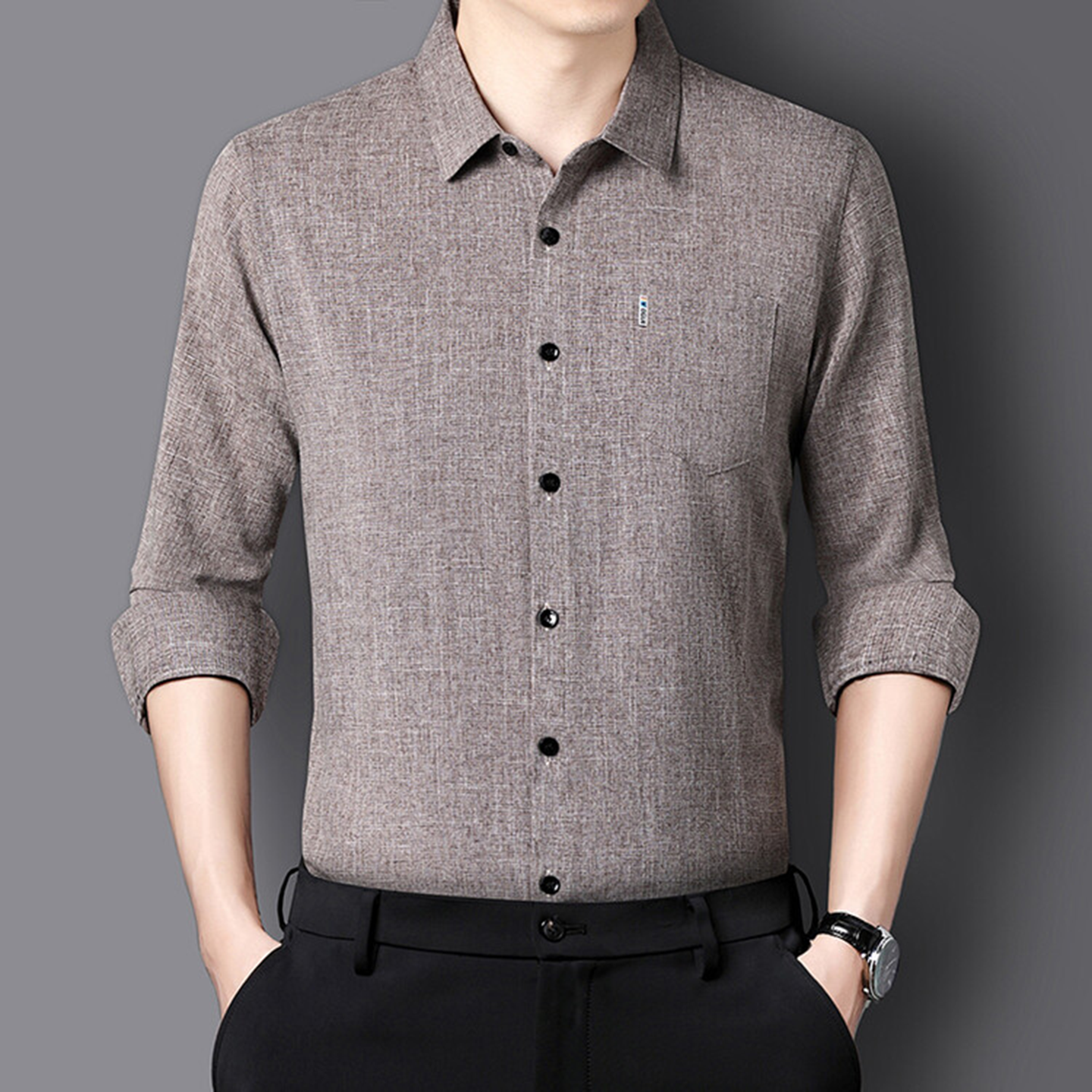 芸菲汇男装春秋新款衬衣高档棉麻长袖商务男士上衣中老年人爸爸装