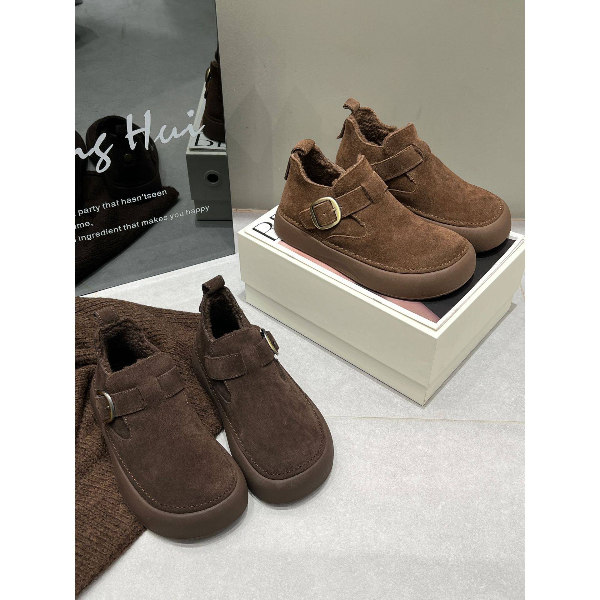 厚底冬季加绒勃肯鞋女鞋2025新款休闲一脚蹬松糕底保暖乐福鞋棉鞋