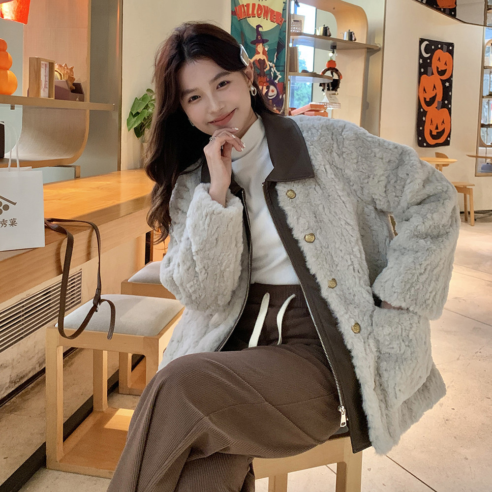 【大货】2D033-Y096-P195-K288夹棉加厚皮质拼接假两件羊羔毛，女装棉衣/棉服，2D033