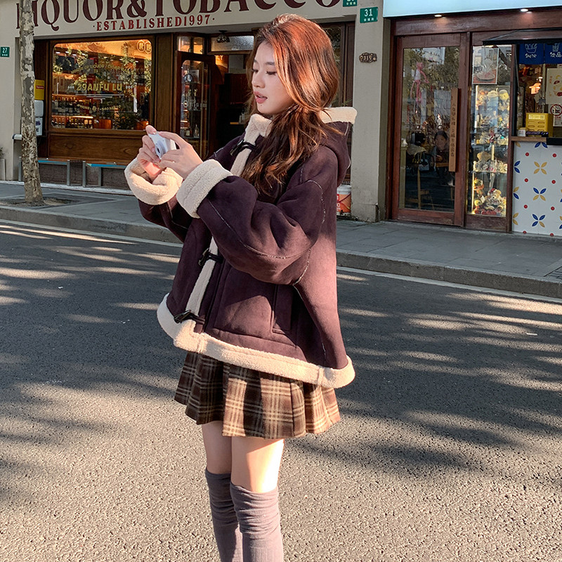 【大货】冬装2D033-Y901-P195-K288加厚连帽紫色羊羔毛外套,女装棉衣/棉服,2D033