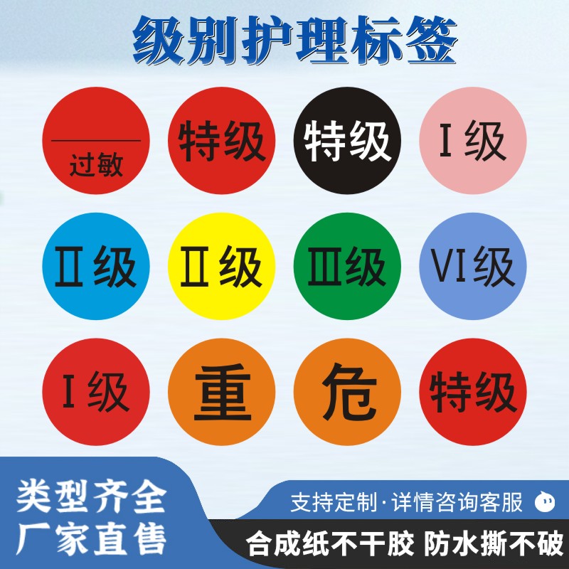 腕带警示护理标签圆形彩色一二三重危级别过敏风险防水标识贴纸M