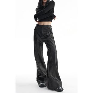 2025秋春夏新款女黑色PU皮休闲裤高腰显瘦宽松阔腿微喇叭皮裤