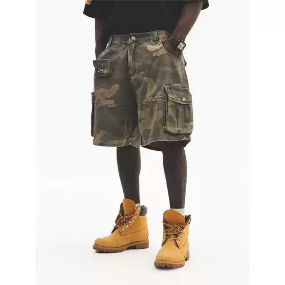2025 Summer Camouflage Shorts Men's American Workwear Pants Washed Vintage Five-Point Shorts Loose Multi-Pocket Shorts Trendy
