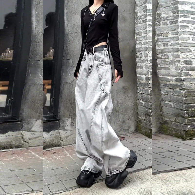 2024春夏季新款复古做旧直筒阔腿裤高级个性显瘦重工潮酷牛仔裤女