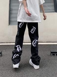 合法外星人欧美高街复古刺绣牛仔裤男女潮牌直筒宽松显瘦百搭拉链