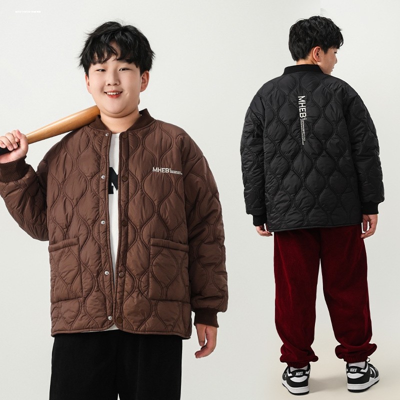 胖男童蚕丝夹棉保暖衣套装冬加肥宽松棉衣棉裤加厚校服内胆家居服