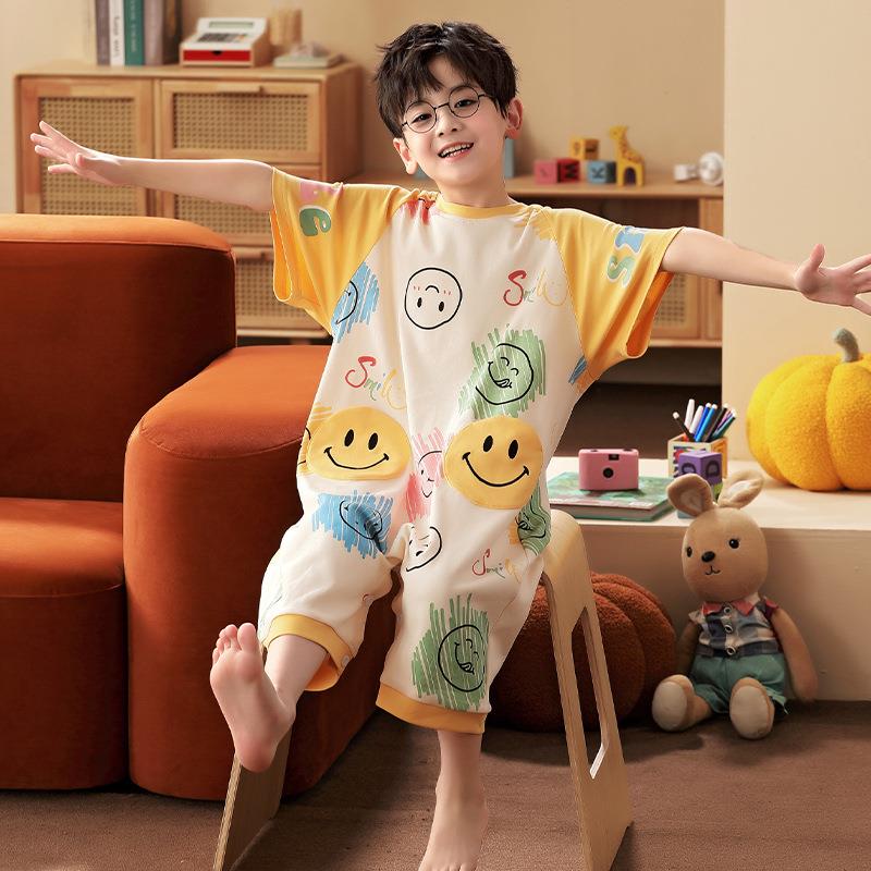儿童连体纯棉短袖睡衣男童防踢被女童空调服夏季宝宝连身卡通大码