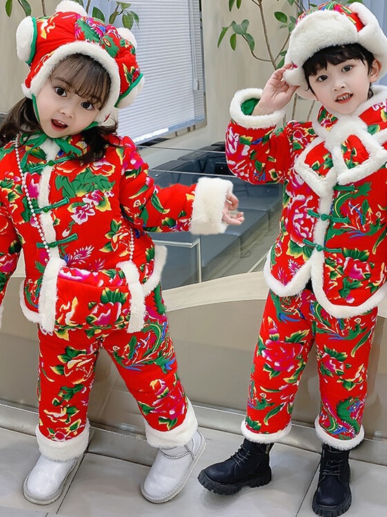 儿童东北大花袄套装秋冬新款男女童加厚大花布棉服两件套家居服冬