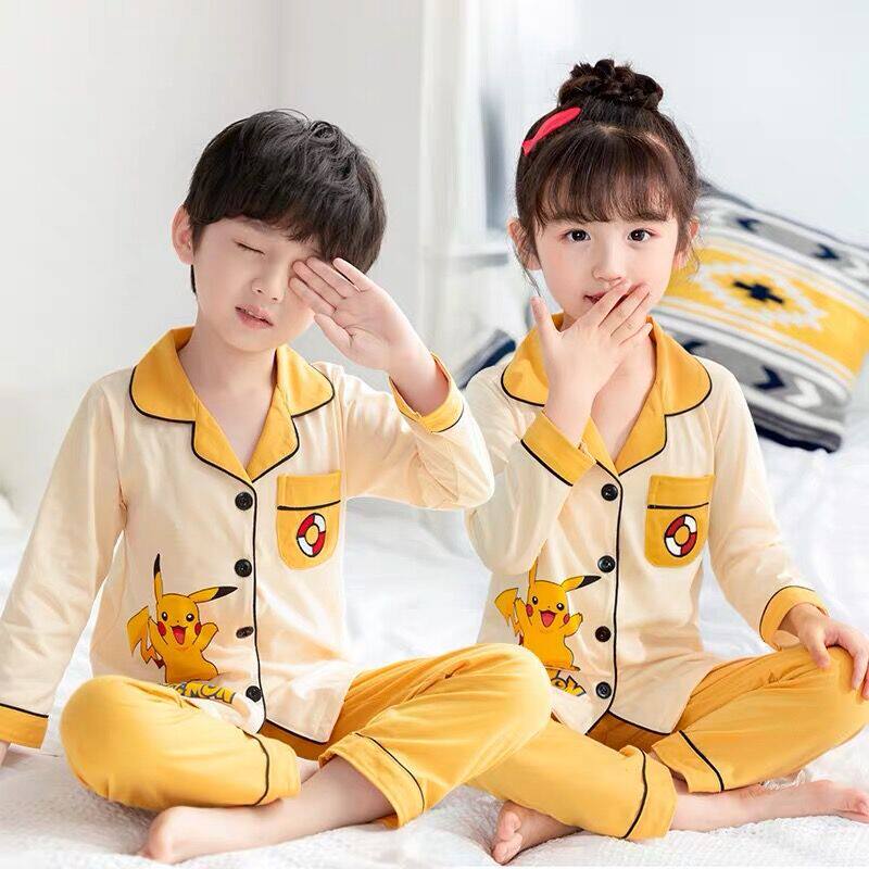 儿童睡衣男童夏季长袖纯春秋季薄款女孩12中大童15岁比卡丘套装