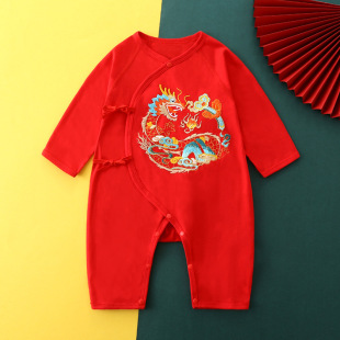 龙年宝宝新生儿满月百天春夏长袖 绑带连体衣爬服国潮刺绣5388