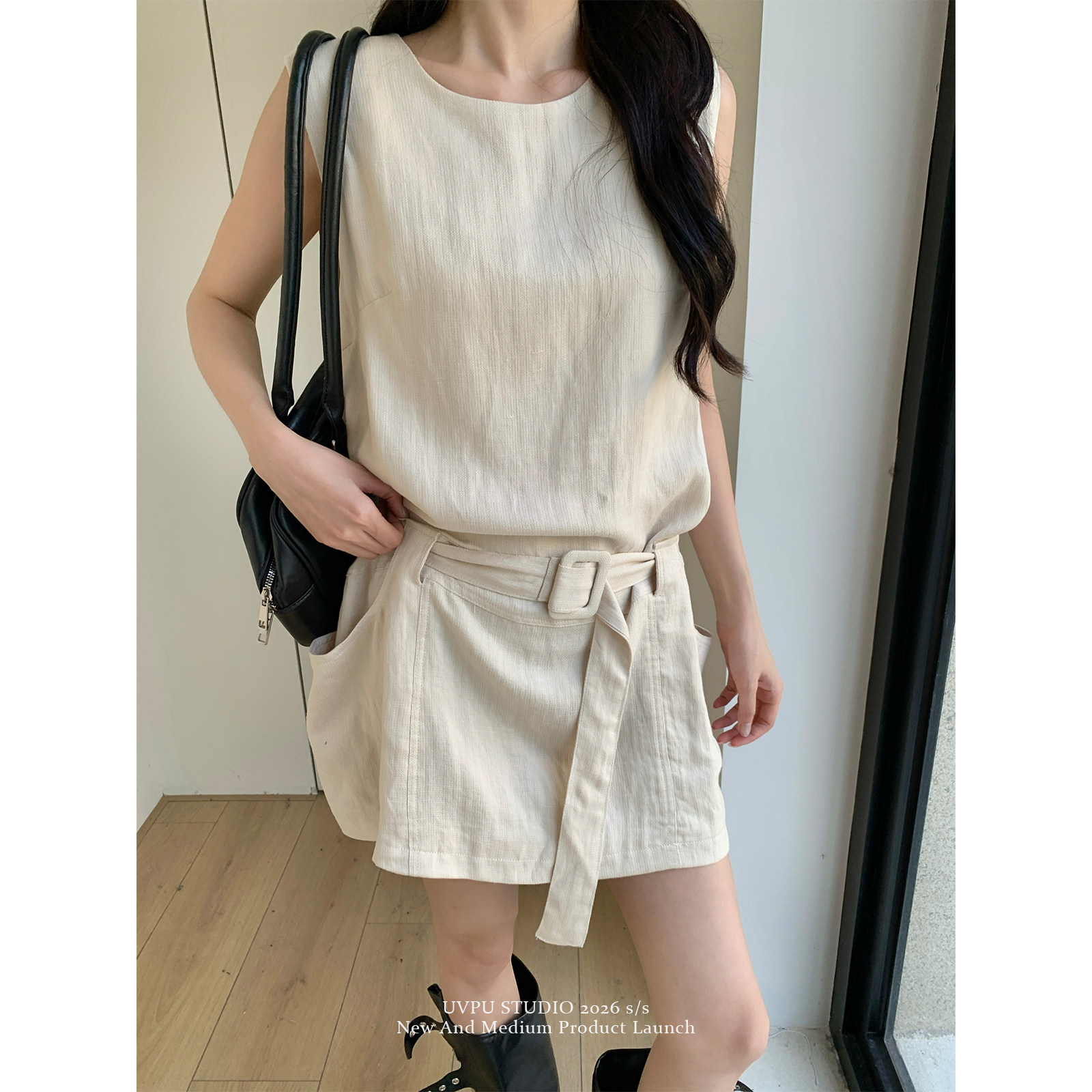UVPU 杏色腰带连衣裙2026夏女韩版高质感通勤气质无袖裙图片