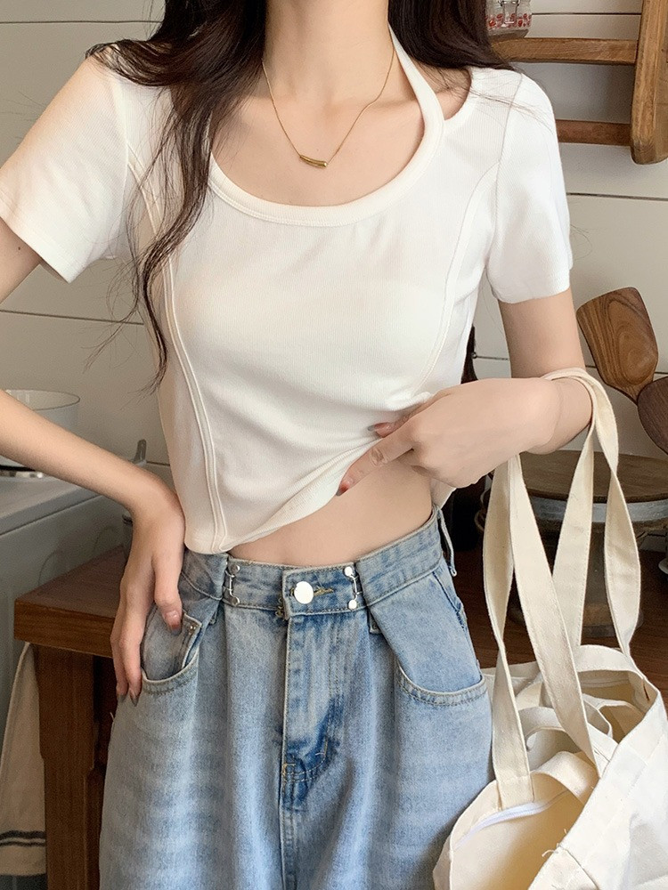 莫代尔鱼骨短袖t恤女2023夏季设计纯欲辣妹修身短款上衣高腰